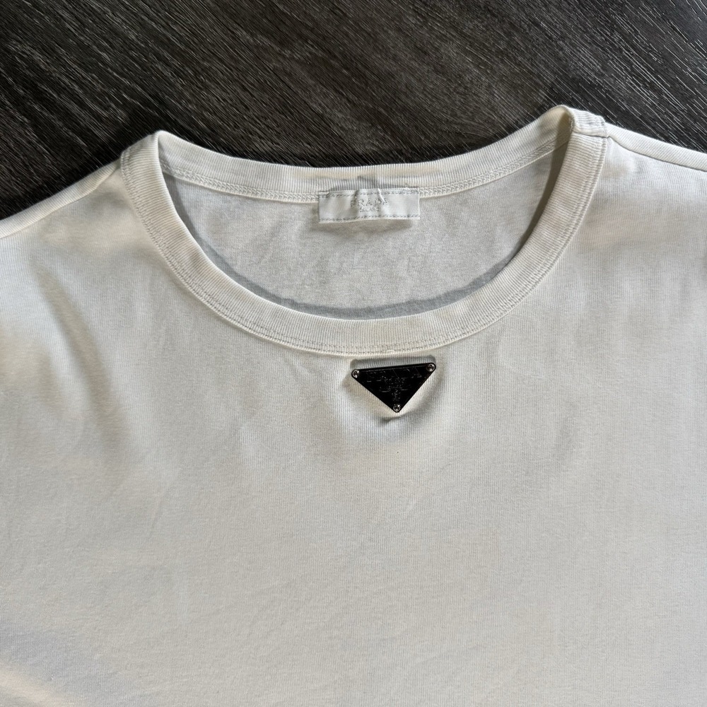 Prada White Triangle Logo T-Shirt Men's XXL Cotton Short Sleeve - Picture 5 of 9